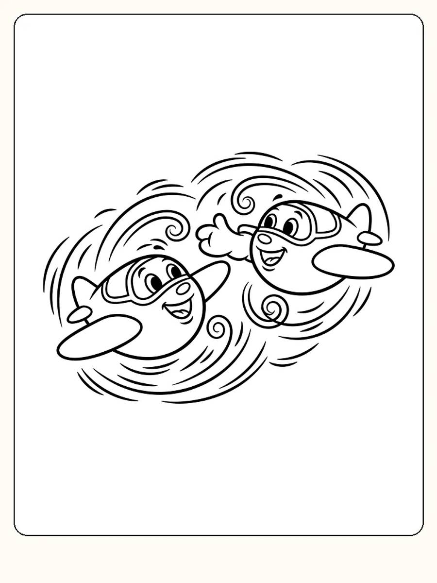 Tegning til farvelægning af to smilende fly, der cirkler rundt om hinanden, klar til print