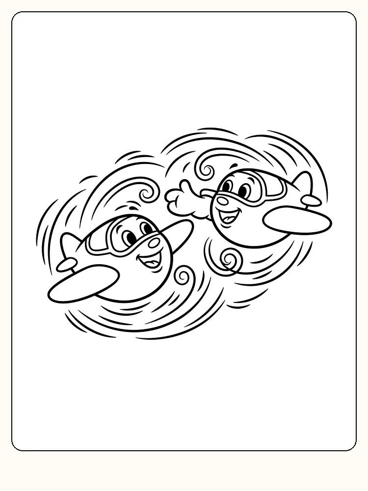 Tegning til farvelægning af to smilende fly, der cirkler rundt om hinanden, klar til print