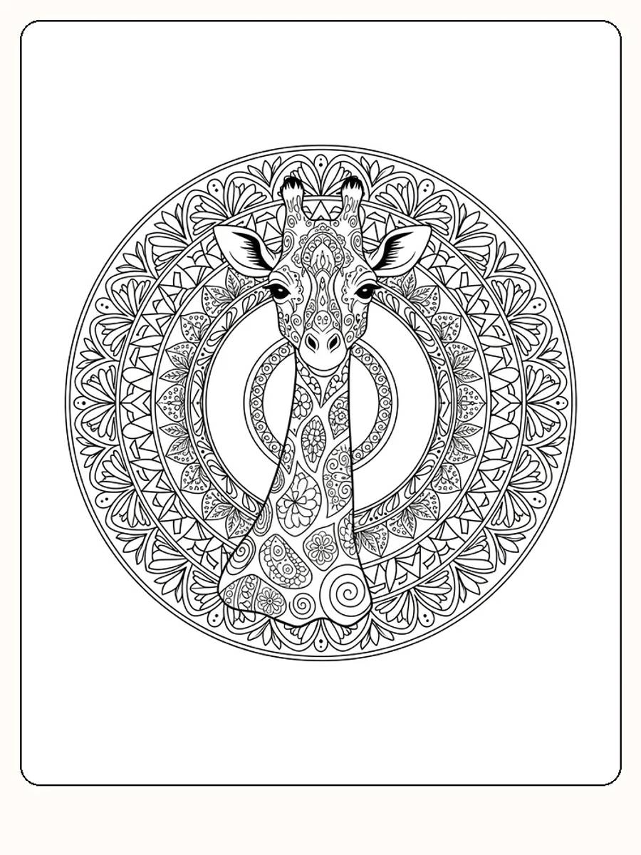 Fargeleggingstegning av en sjiraff med et detaljert mandala mønster, perfekt for avkobling