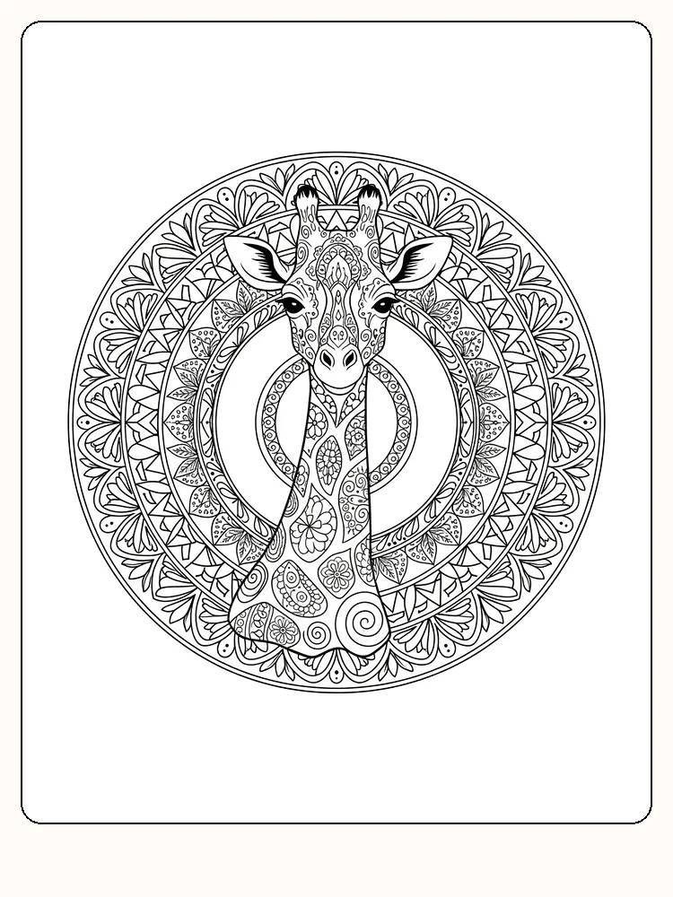 Fargeleggingstegning av en sjiraff med et detaljert mandala mønster, perfekt for avkobling