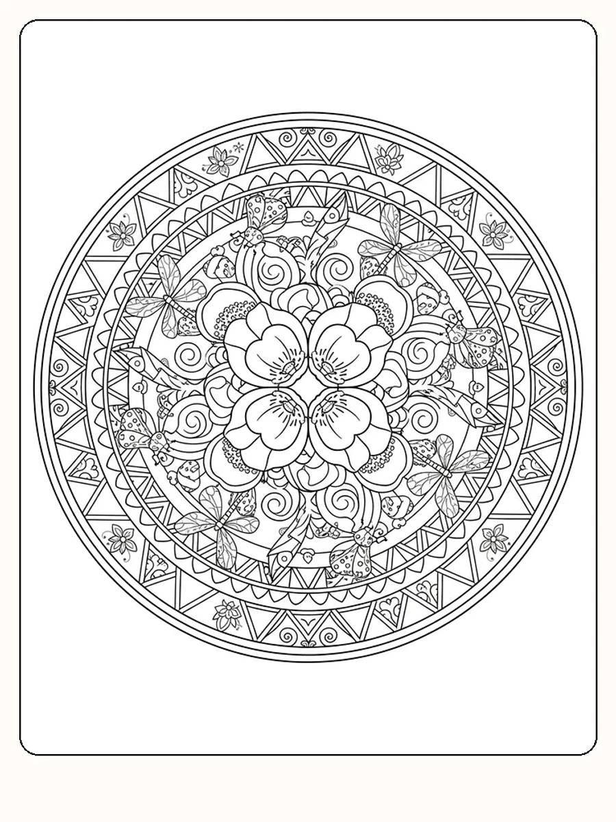 Detaillierte Mandala mit Schmetterlingen, Blumen und geometrischen Mustern. Perfekt zum Ausdrucken und Ausmalen.