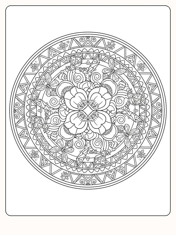 Detaillierte Mandala mit Schmetterlingen, Blumen und geometrischen Mustern. Perfekt zum Ausdrucken und Ausmalen.