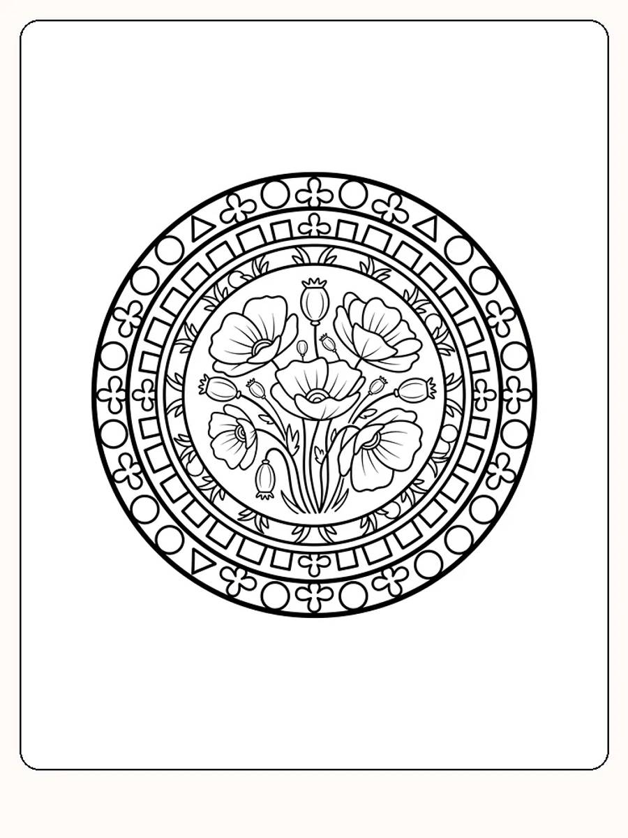 Ausmalbild mit Blumen im Kreisdesign, reich an Details zum Ausdrucken