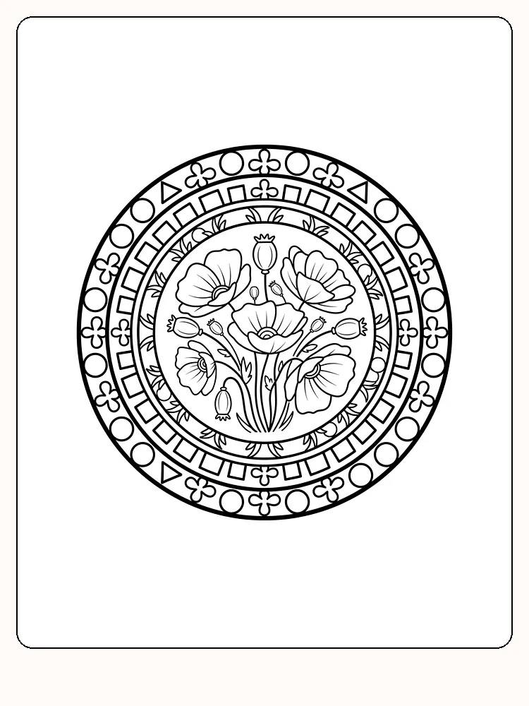 Ausmalbild mit Blumen im Kreisdesign, reich an Details zum Ausdrucken