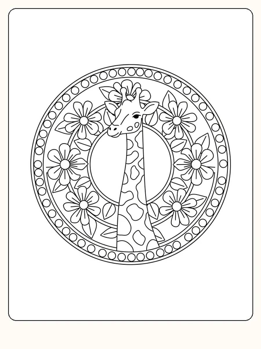 Fargeleggingsbilde av en sjiraff omgitt av blomster i et ornament