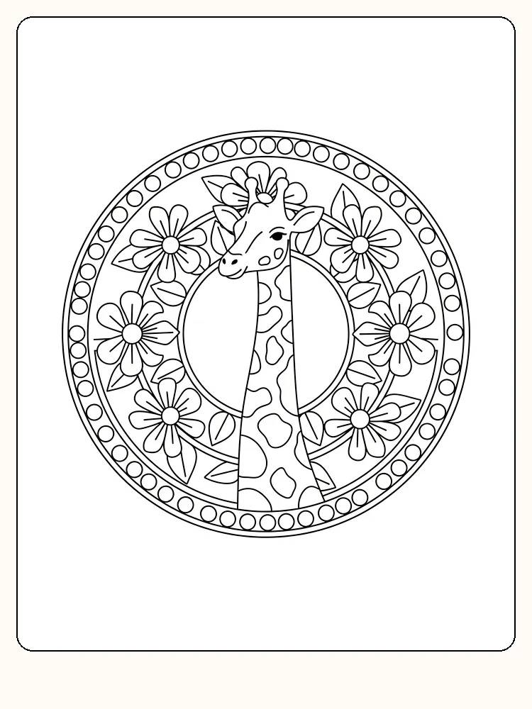 Fargeleggingsbilde av en sjiraff omgitt av blomster i et ornament