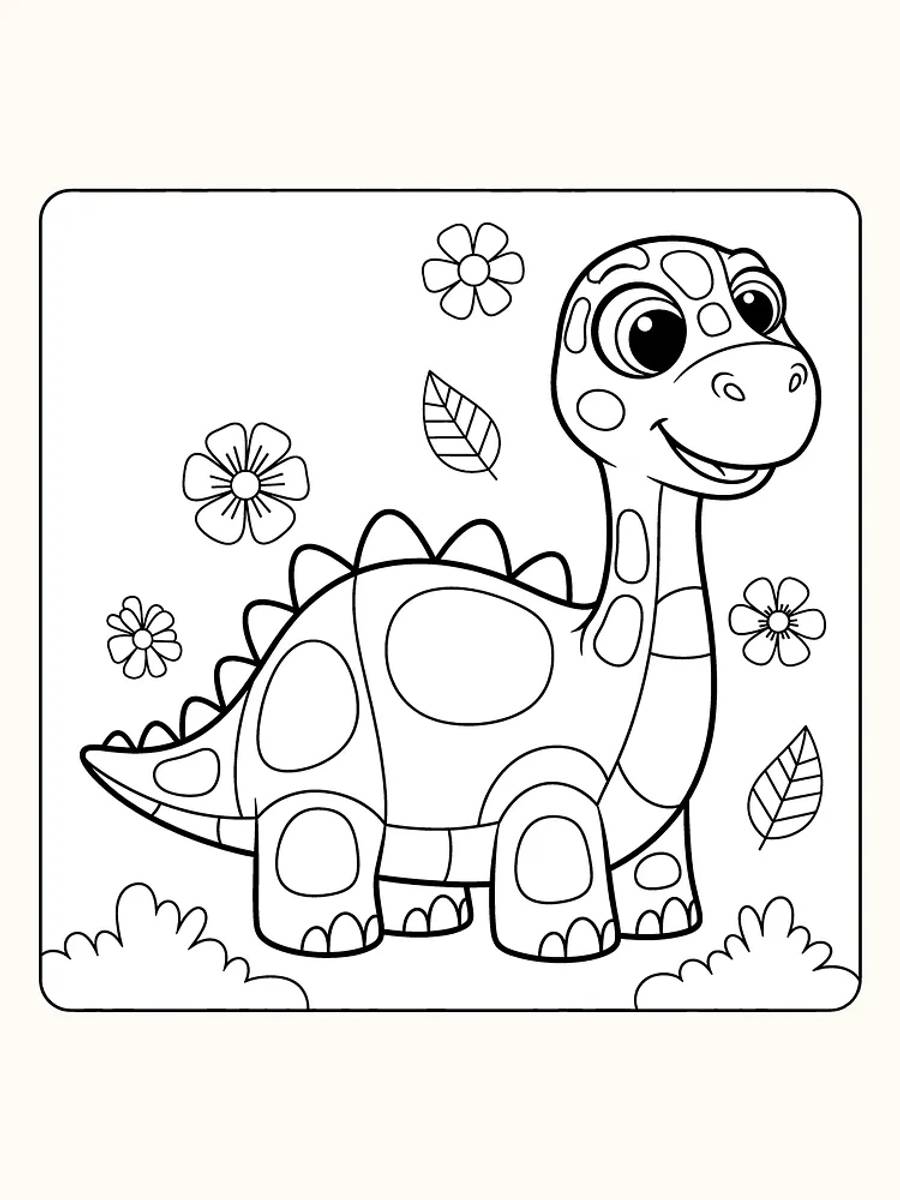 Tegning til farvelægning af en glad dinosaur med blomster rundt om sig, klar til print