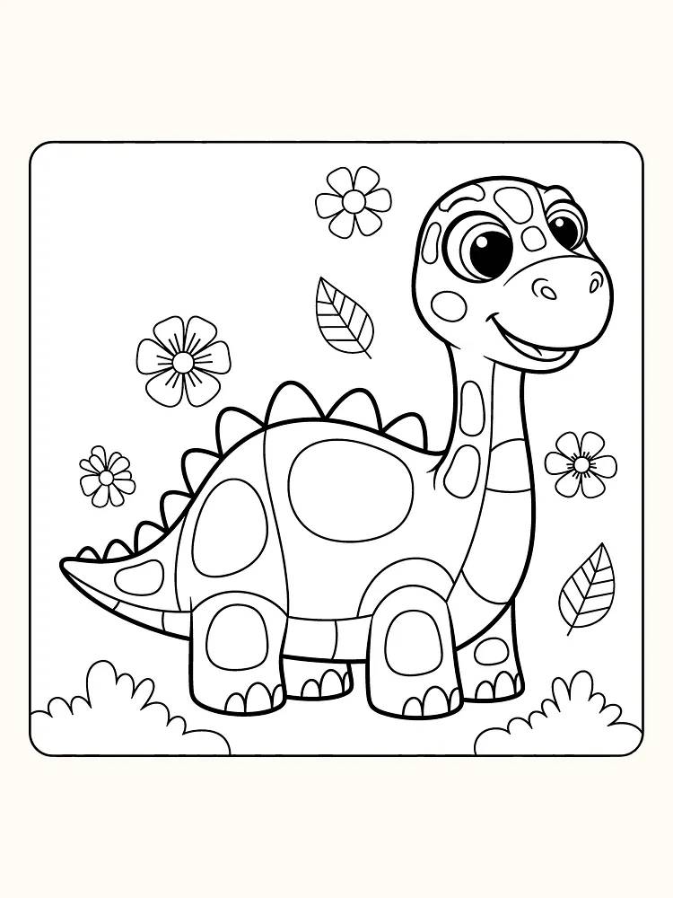 Tegning til farvelægning af en glad dinosaur med blomster rundt om sig, klar til print