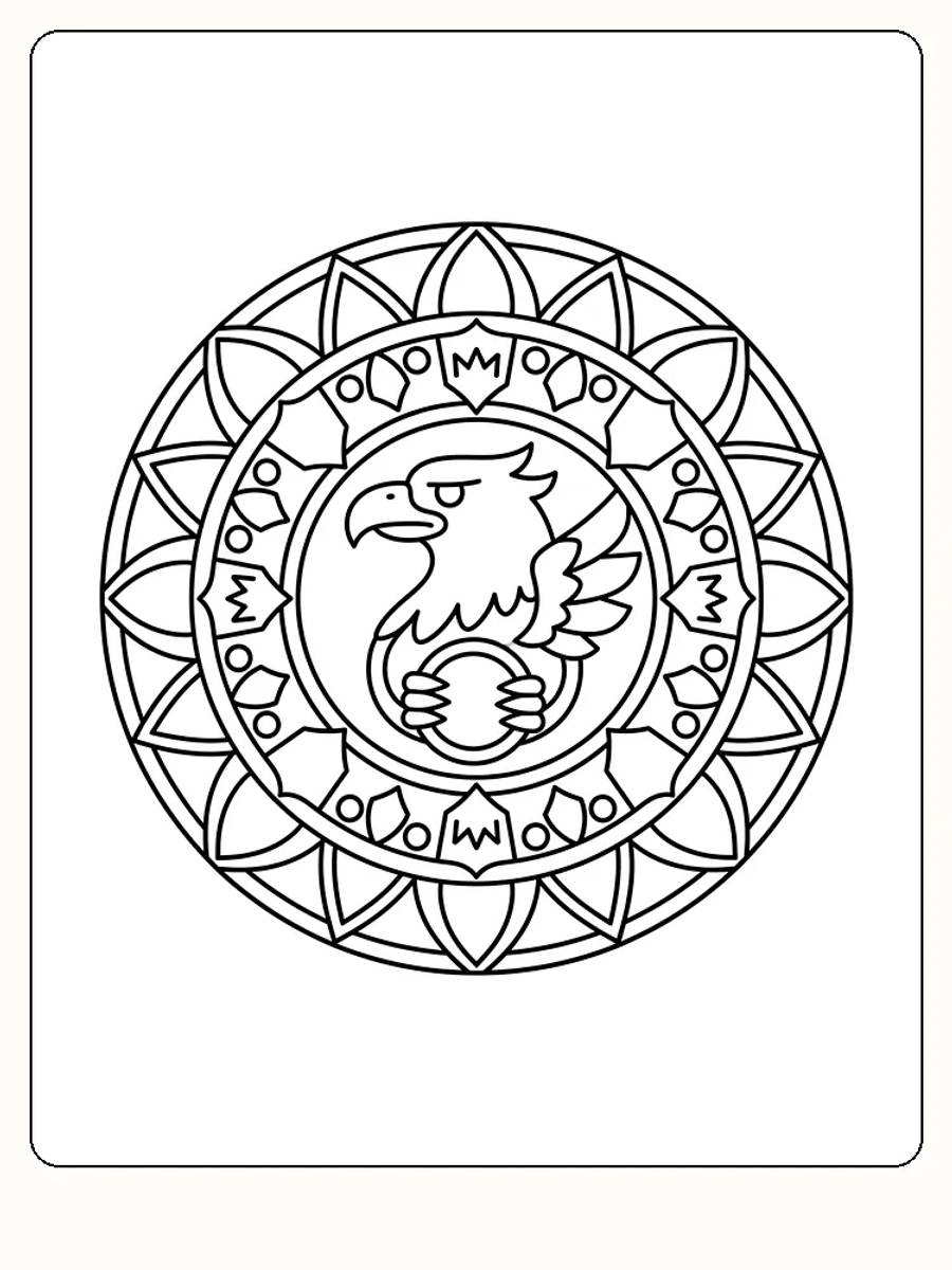 Fargelegging av en stilisert fugl i et mandala-lignende ornament