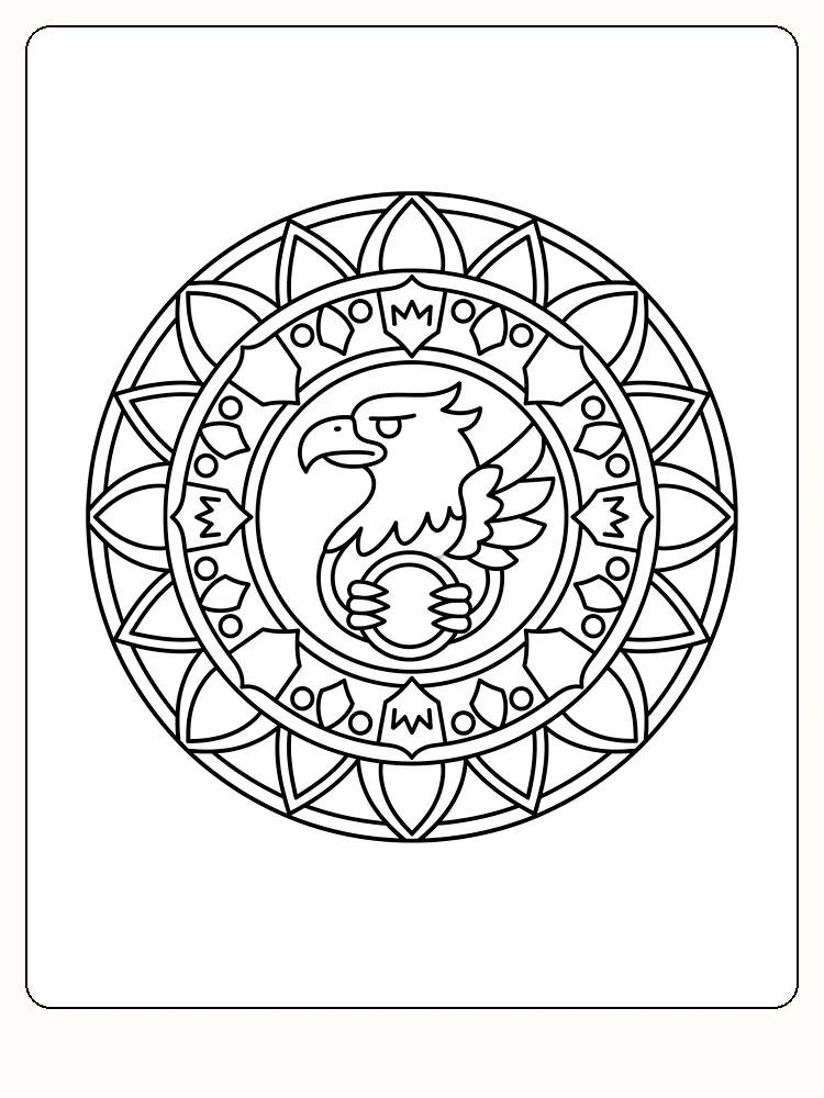 Fargelegging av en stilisert fugl i et mandala-lignende ornament