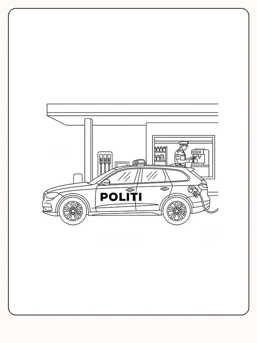 Fargeleggingsbilde av en politibil som lader ved en bensinstasjon med en politimann ved en kaffemaskin