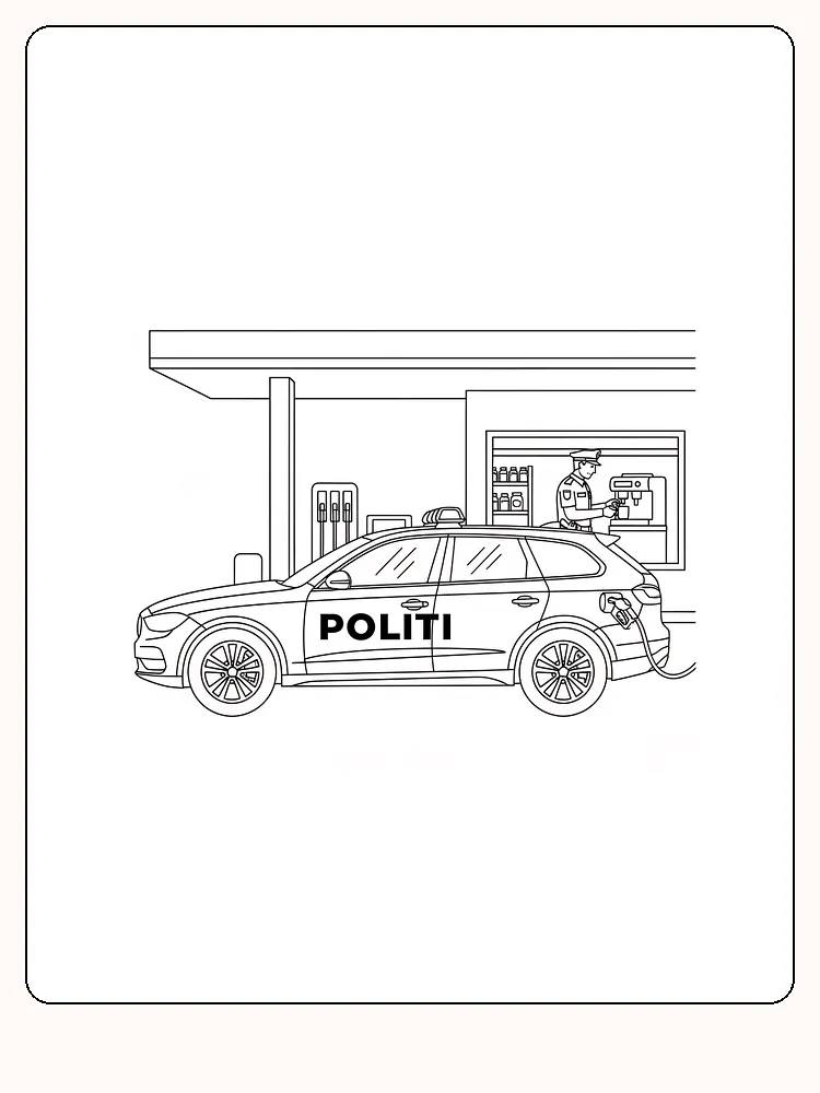 Fargeleggingsbilde av en politibil som lader ved en bensinstasjon med en politimann ved en kaffemaskin
