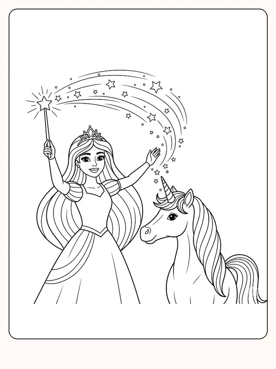Fargeleggingstegning av en prinsesse med tryllestav og enhjørning, perfekt for magiske eventyr