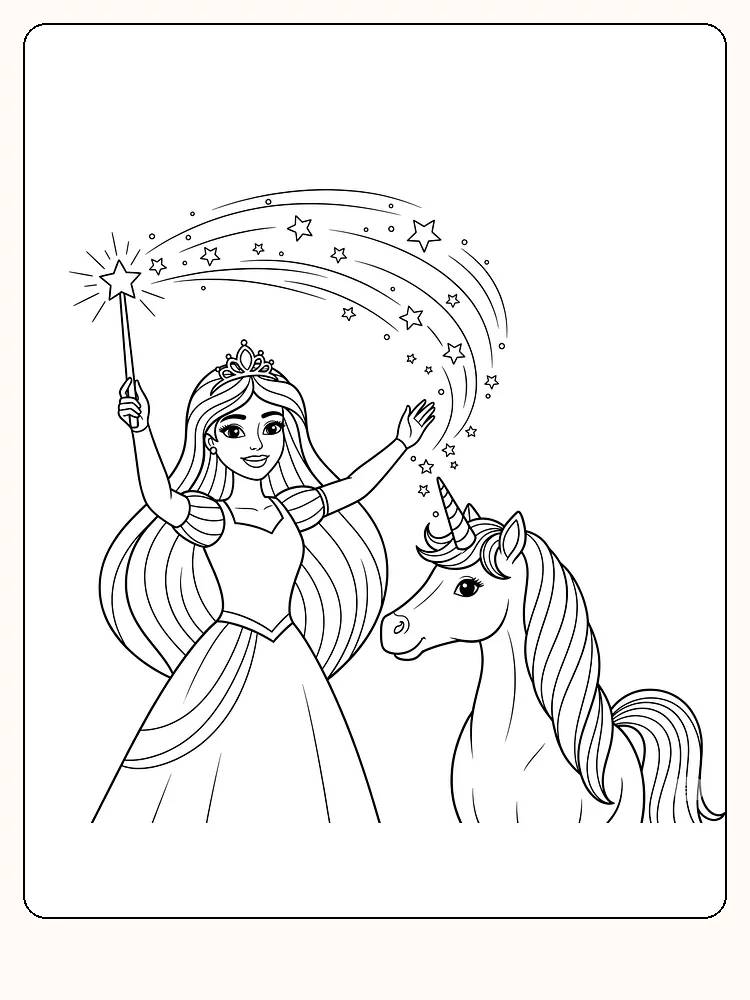 Fargeleggingstegning av en prinsesse med tryllestav og enhjørning, perfekt for magiske eventyr
