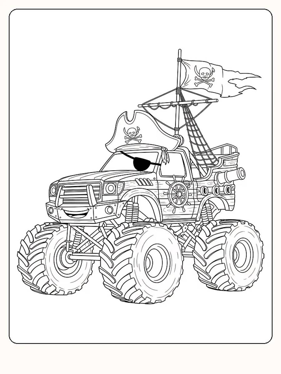 Fargelegg en monster truck med spennende piratdetaljer, perfekt for piratfans