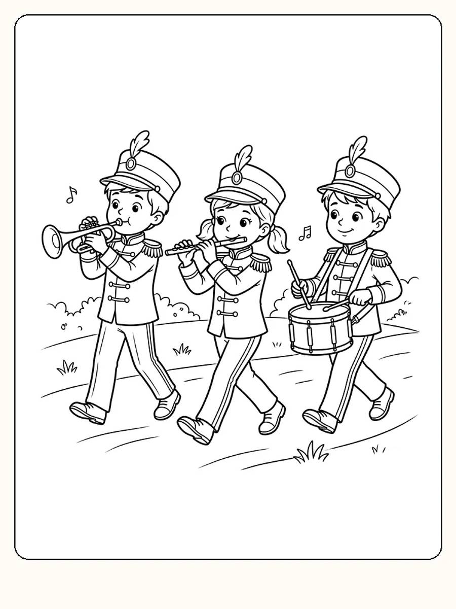 Fête nationale : trois enfants en uniforme de fanfare marchent sur un sentier avec une trompette, une flûte et un tambour, et des notes de musique flottent au-dessus d'eux