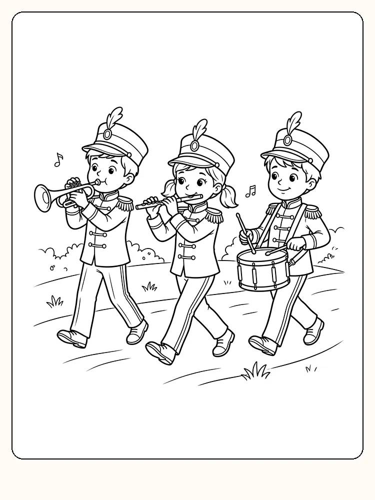 Fête nationale : trois enfants en uniforme de fanfare marchent sur un sentier avec une trompette, une flûte et un tambour, et des notes de musique flottent au-dessus d'eux