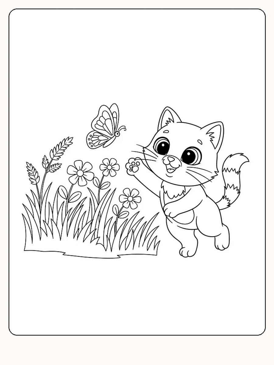 Fargeleggingstegning av katt som leker med sommerfugl blant blomster, klar for utskrift