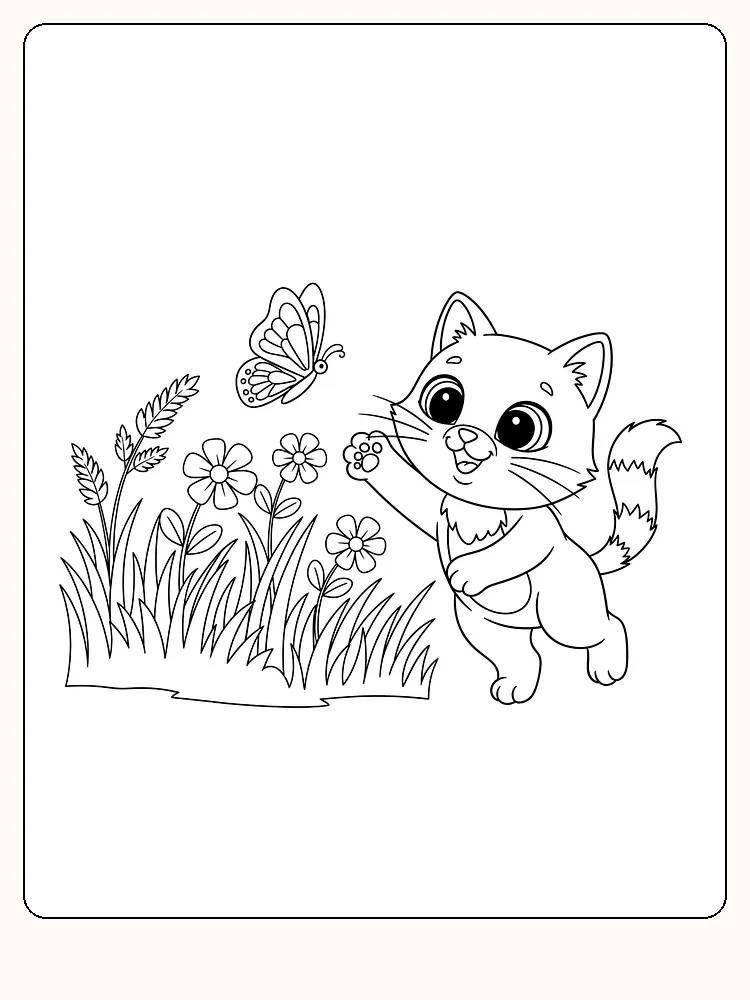 Fargeleggingstegning av katt som leker med sommerfugl blant blomster, klar for utskrift