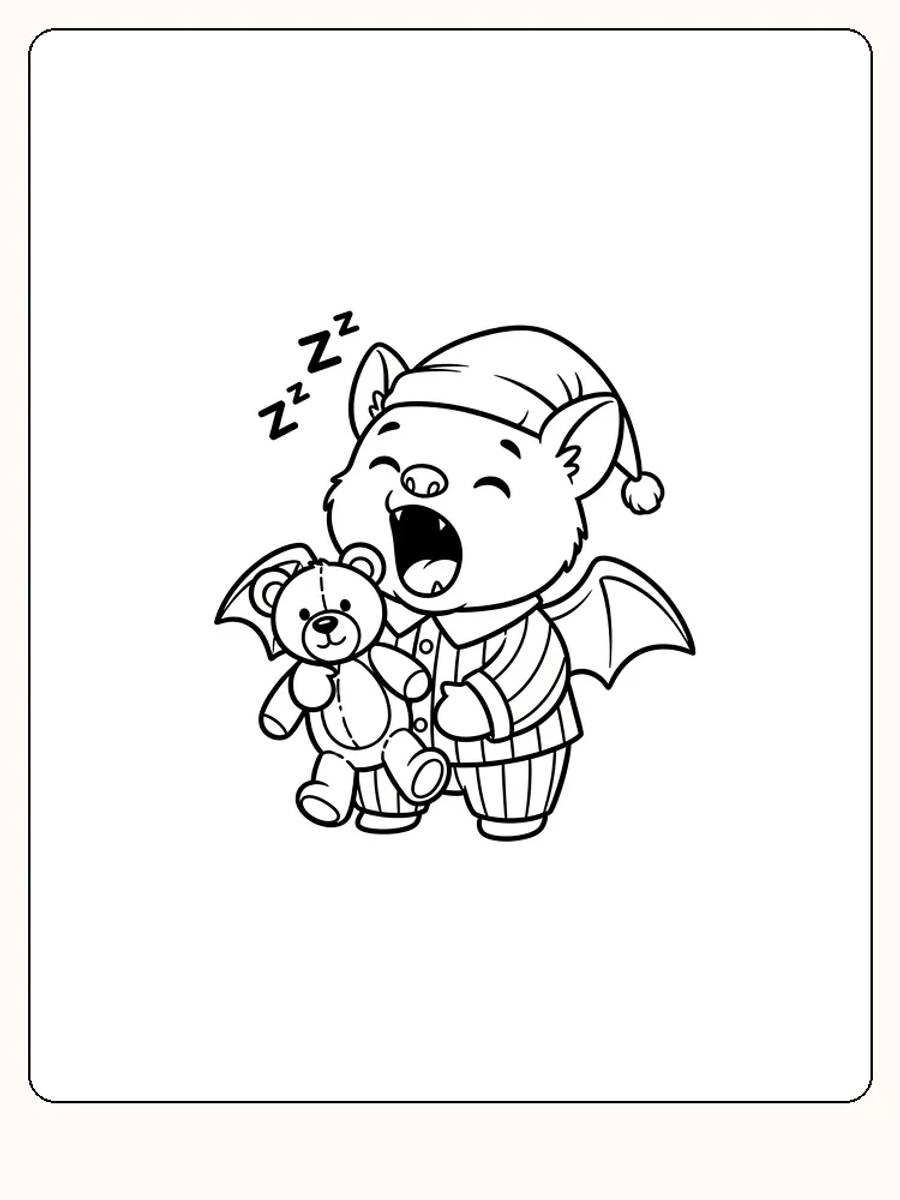 Fargeleggingstegning av sovende vampyr i pysjamas med bamse, klar for utskrift