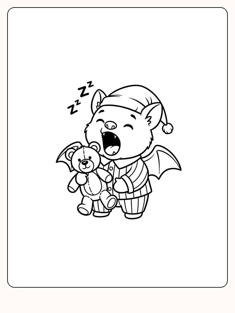 Fargeleggingstegning av sovende vampyr i pysjamas med bamse, klar for utskrift