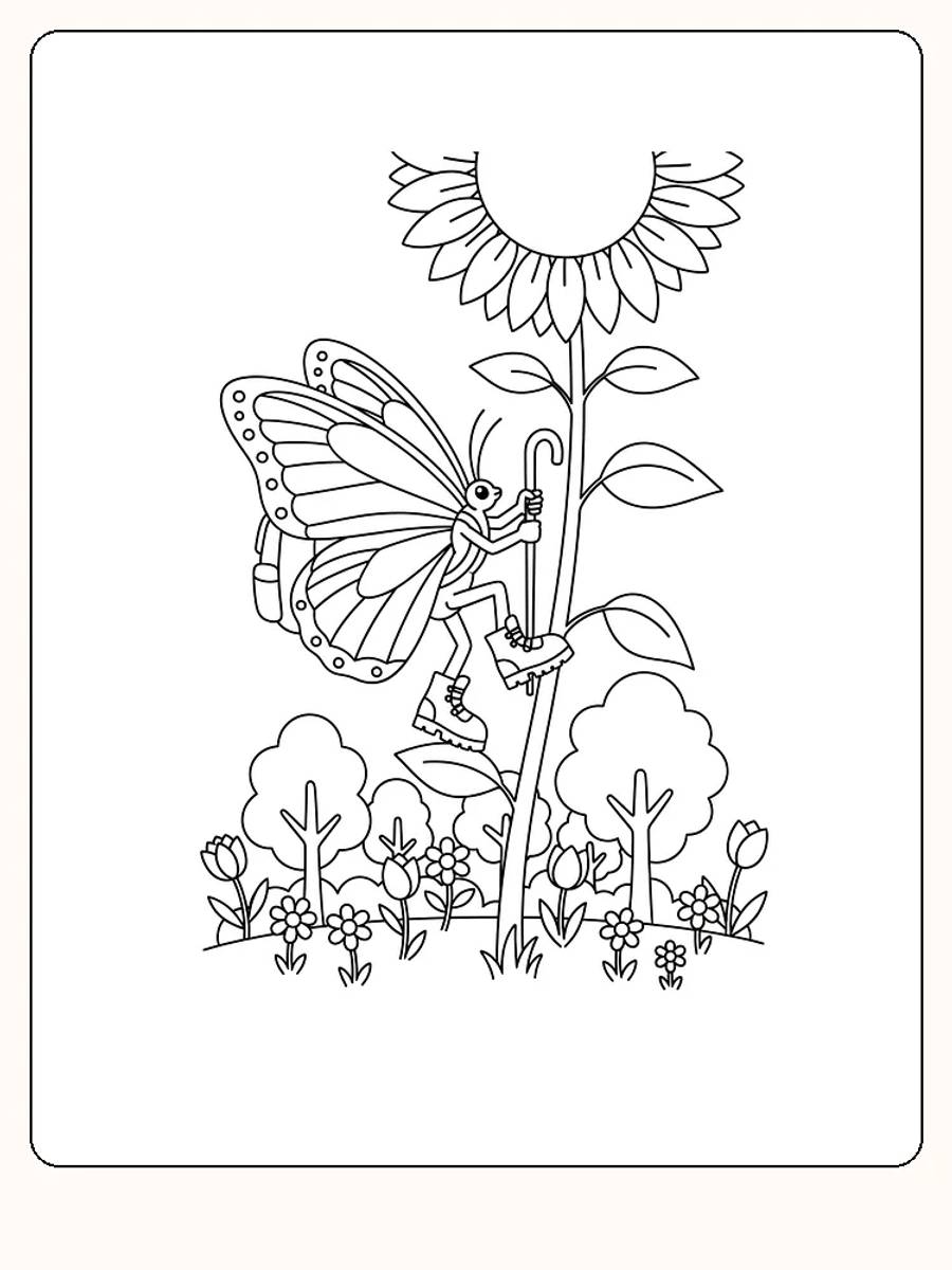 Tegning til farvelægning af en sommerfugl, der klatrer på en høj solsikke i en blomsterhave