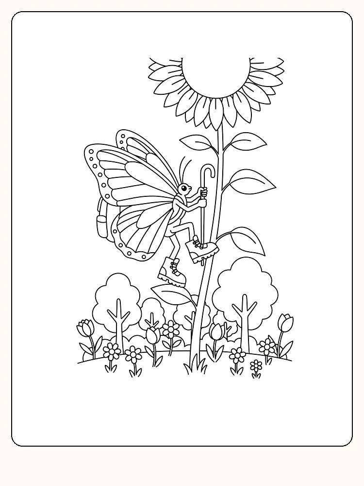 Tegning til farvelægning af en sommerfugl, der klatrer på en høj solsikke i en blomsterhave