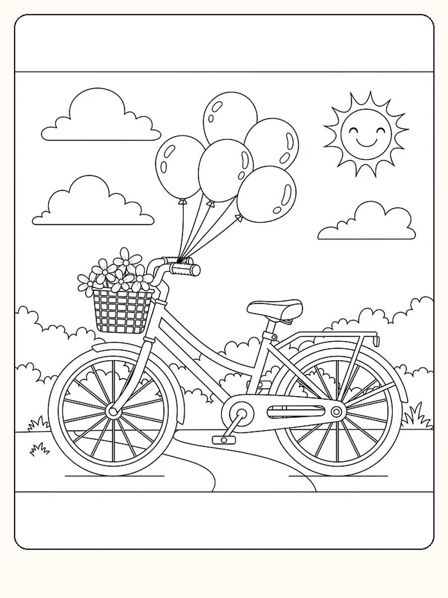 Fargeleggingstegning av sykkel med kurv fylt med blomster og festede ballonger