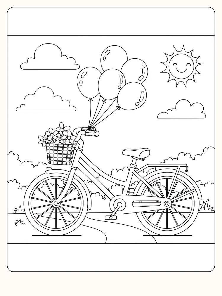 Fargeleggingstegning av sykkel med kurv fylt med blomster og festede ballonger