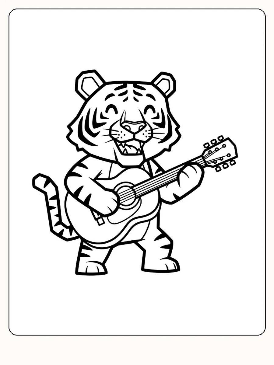 Tegning til farvelægning af en tiger, der spiller guitar, klar til print