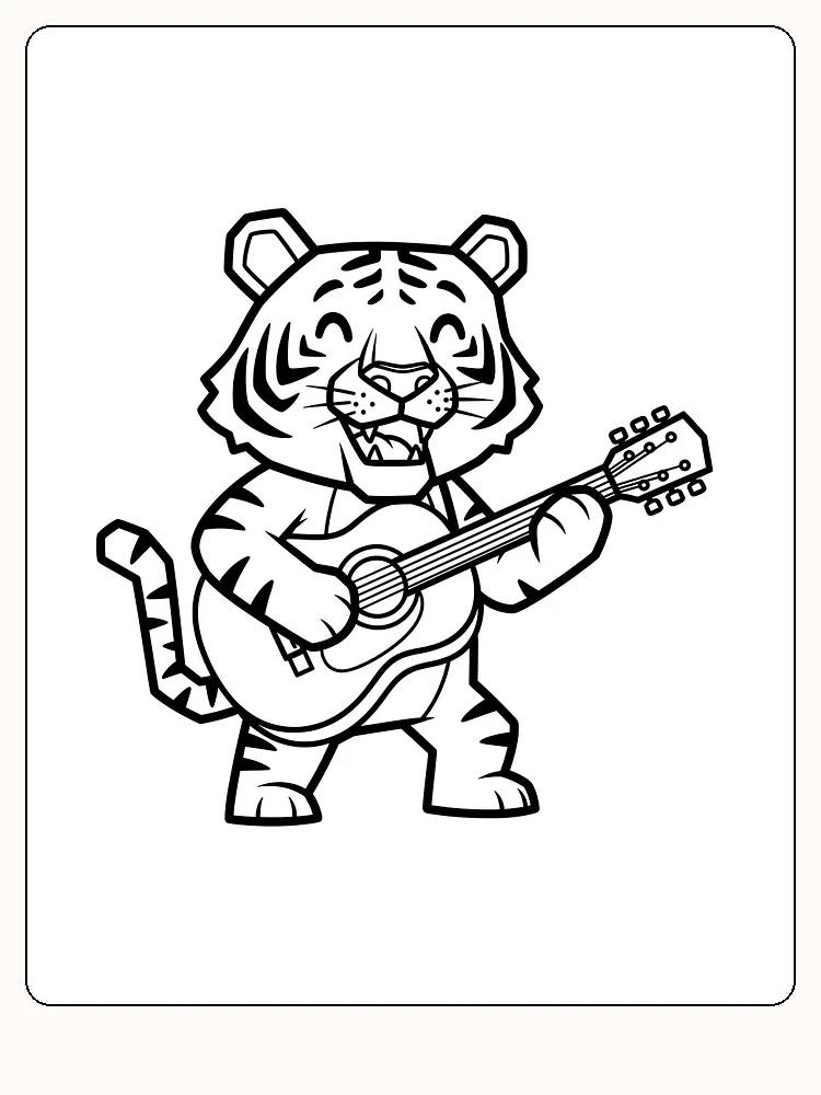 Tegning til farvelægning af en tiger, der spiller guitar, klar til print