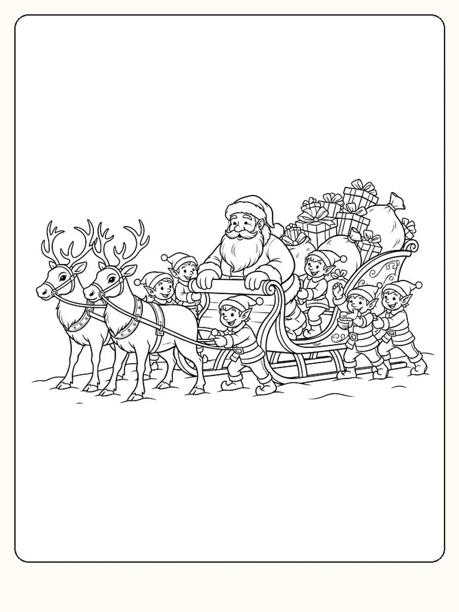Tegning til farvelægning af julemanden i kane med rensdyr og nisser, klar til print