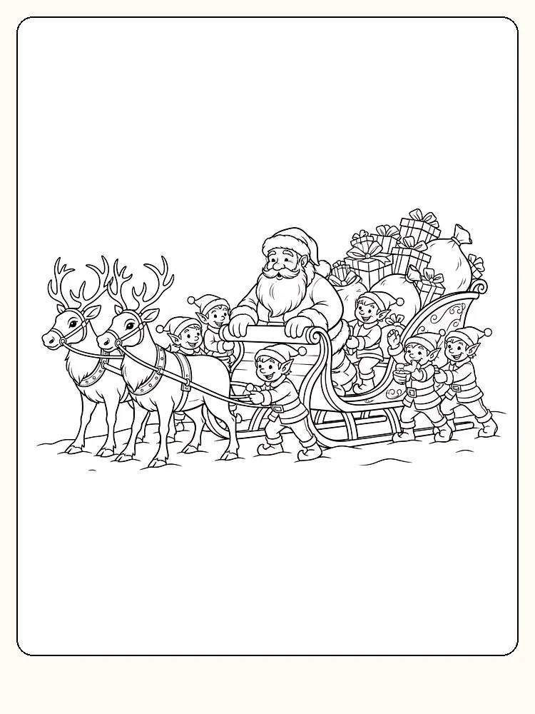 Tegning til farvelægning af julemanden i kane med rensdyr og nisser, klar til print