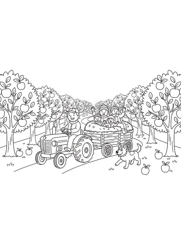 Traktor med vogn i æblehave