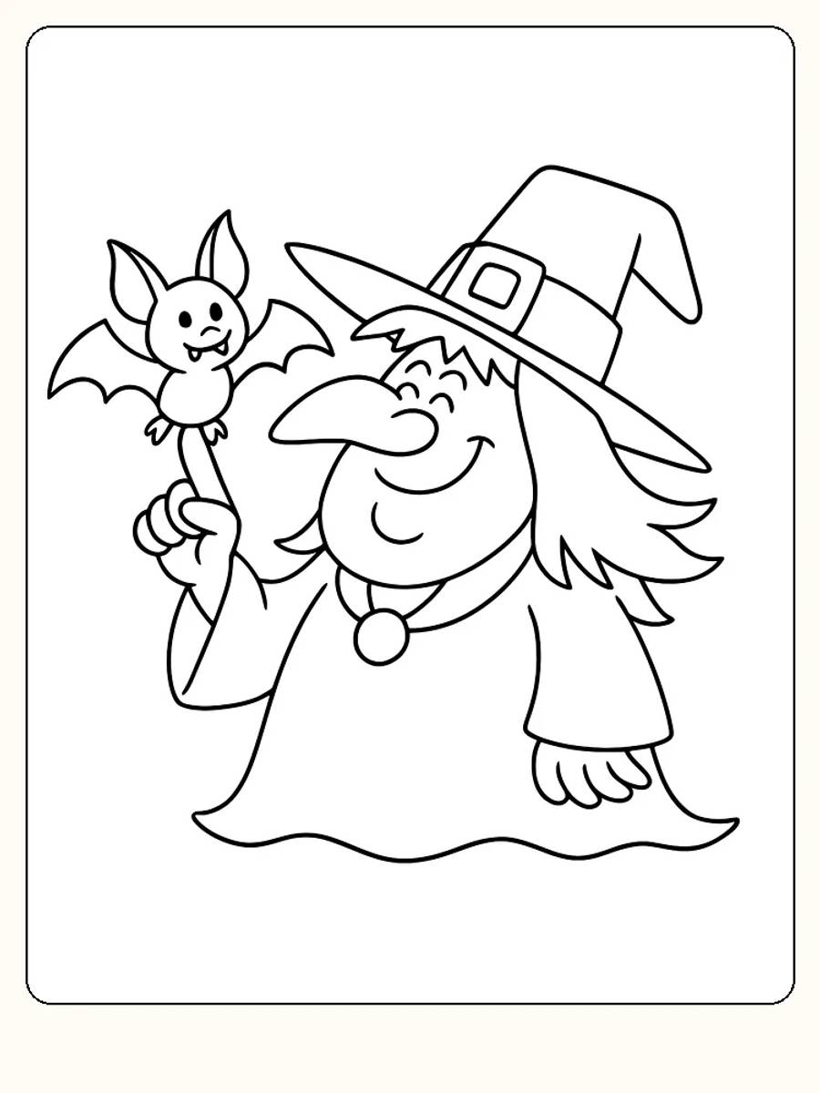 Ausmalbild einer Hexe mit großem Hut und einer Fledermaus auf dem Finger