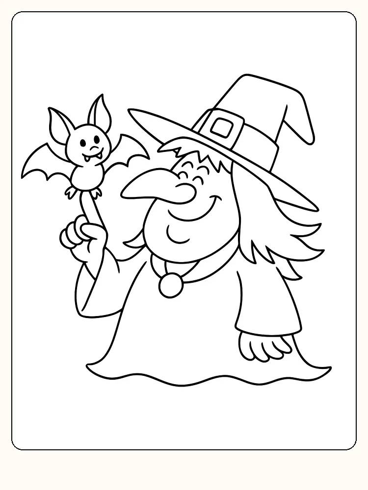 Ausmalbild einer Hexe mit großem Hut und einer Fledermaus auf dem Finger