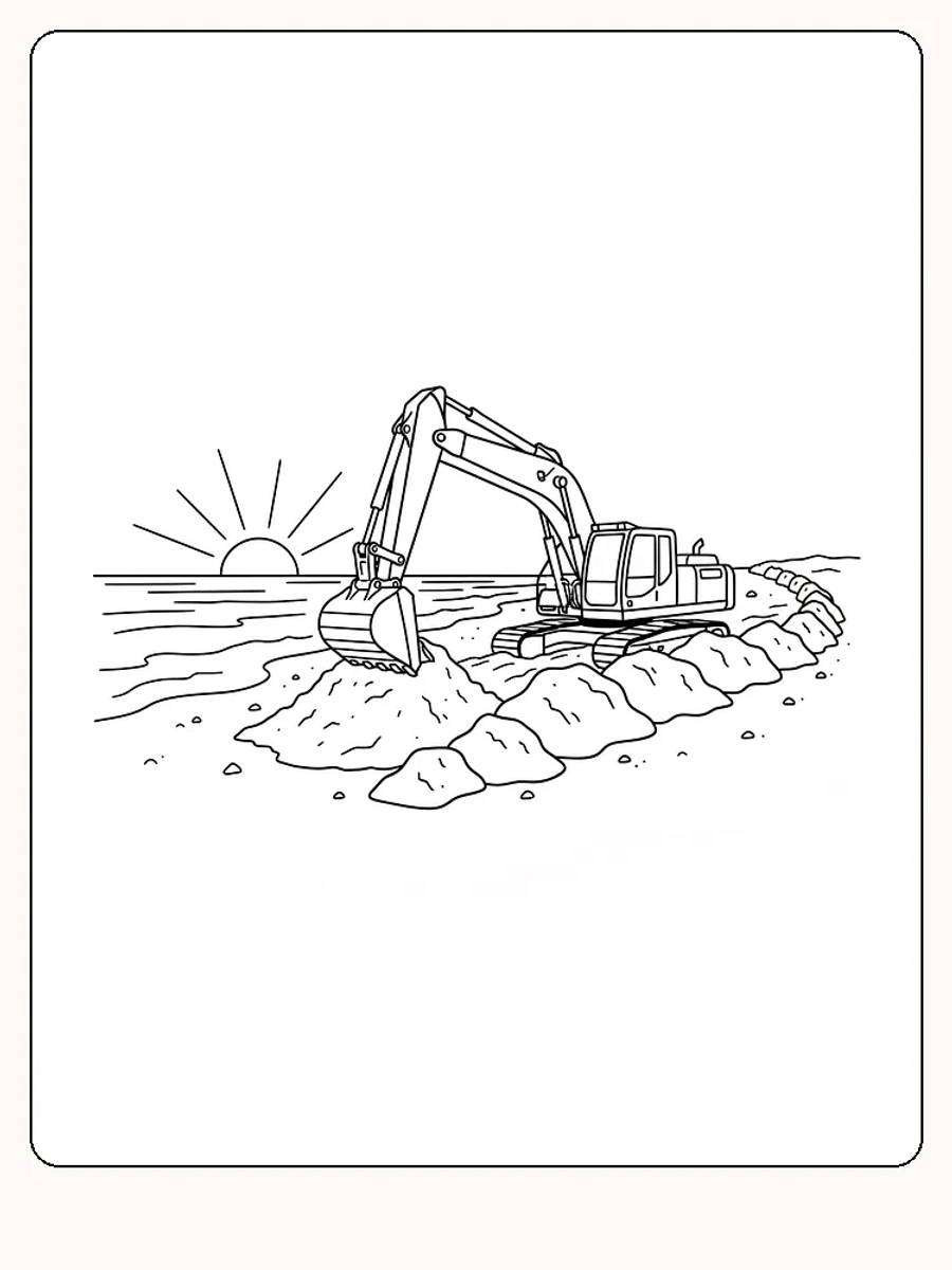 Tegning til farvelægning af en gravemaskine ved søen under solnedgang, klar til print