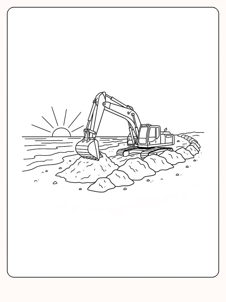Tegning til farvelægning af en gravemaskine ved søen under solnedgang, klar til print