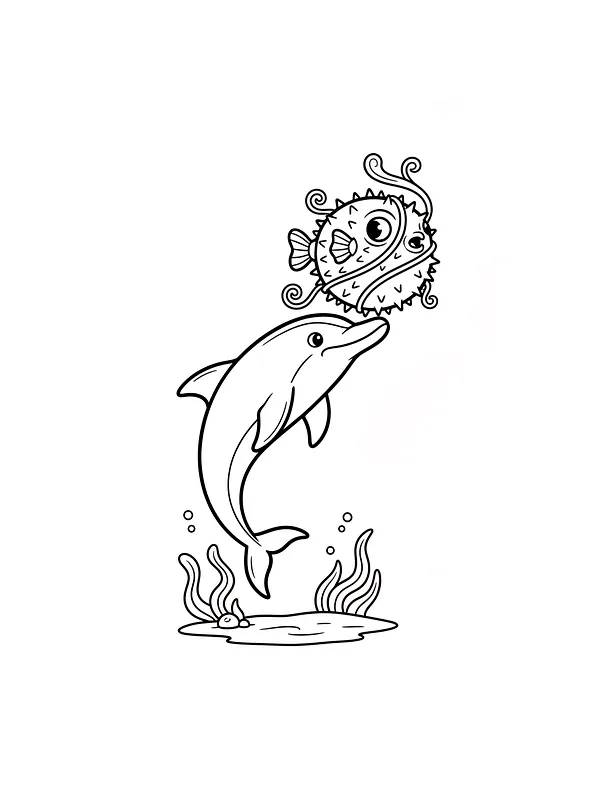 Tegning af delfin og fisk