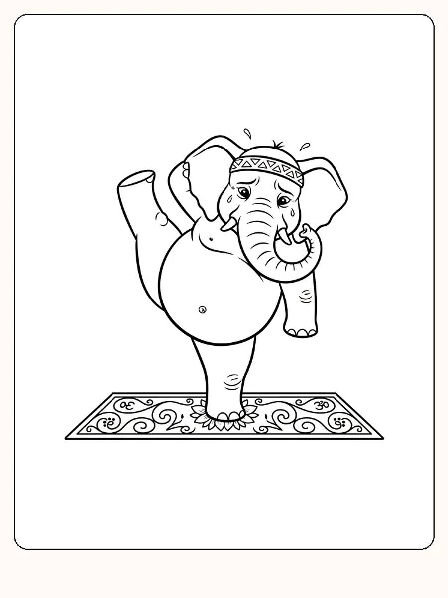 Fargeleggingstegning av en elefant som balanserer i en yoga stilling på en matte