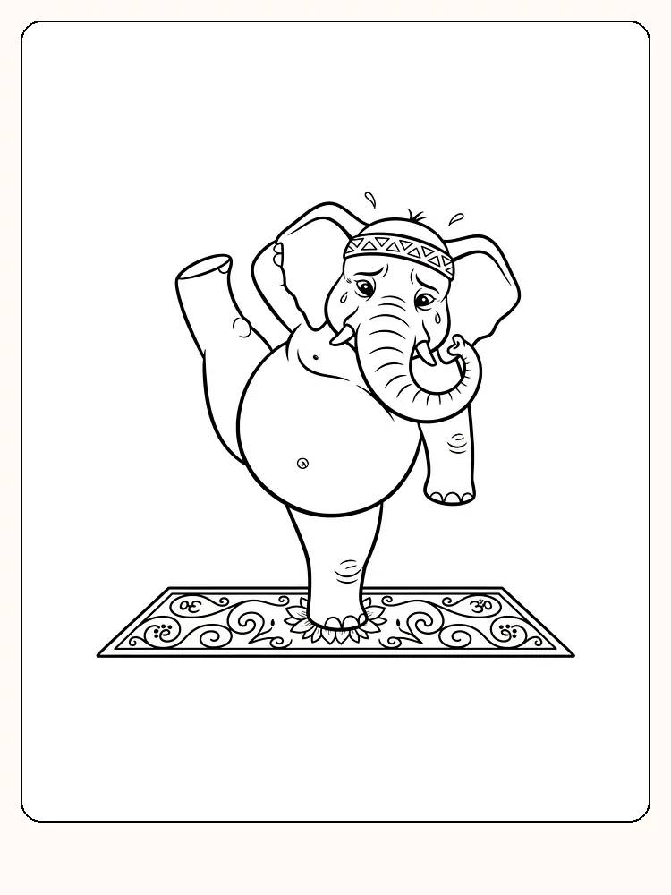 Fargeleggingstegning av en elefant som balanserer i en yoga stilling på en matte