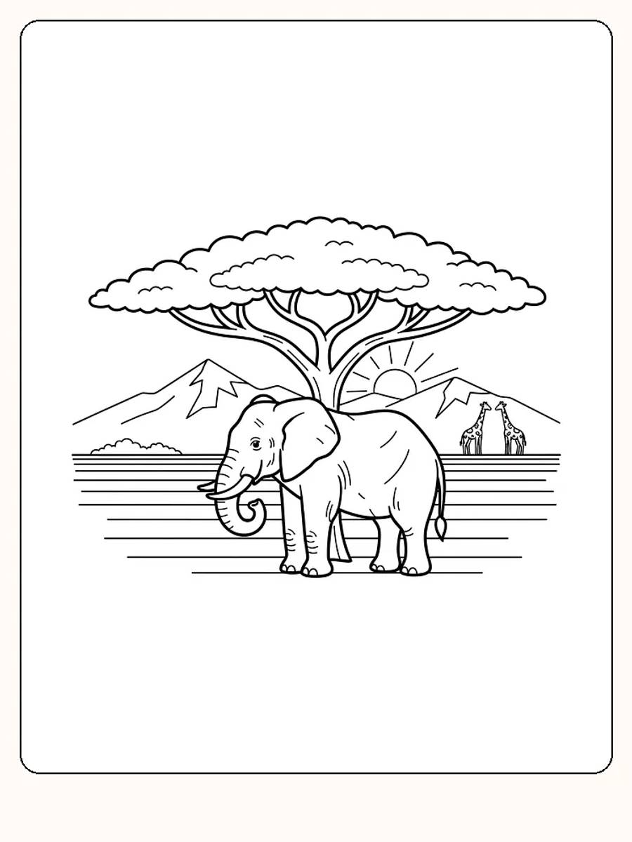 Fargeleggingstegning av en elefant foran et akasiatre i savannaen, klar for utskrift