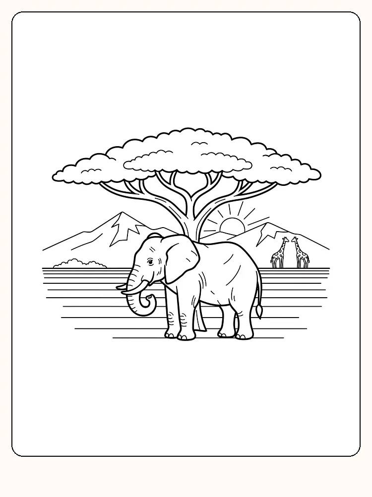 Fargeleggingstegning av en elefant foran et akasiatre i savannaen, klar for utskrift