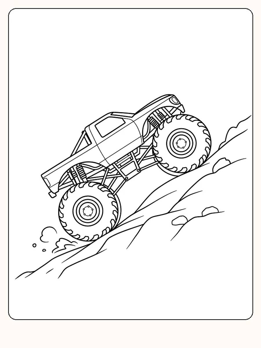 Fargeleggingstegning av en monstertruck som klatrer opp en bratt bakke, klar for utskrift