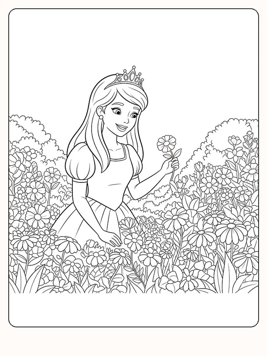 Fargeleggingsbilde av prinsesse med krone som plukker blomster i blomsterhage, for utskrift