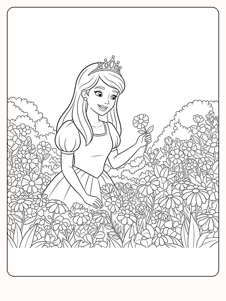 Fargeleggingsbilde av prinsesse med krone som plukker blomster i blomsterhage, for utskrift