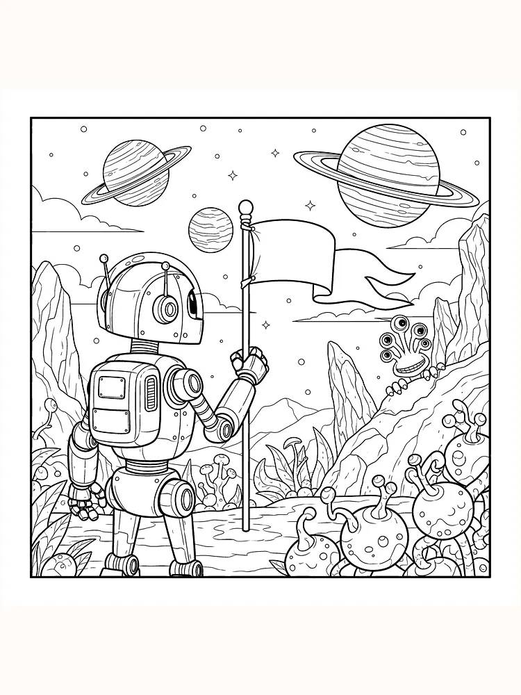 Farvelægning af en robot, der planter et flag på en fjern planet med rumvæsener og planeter