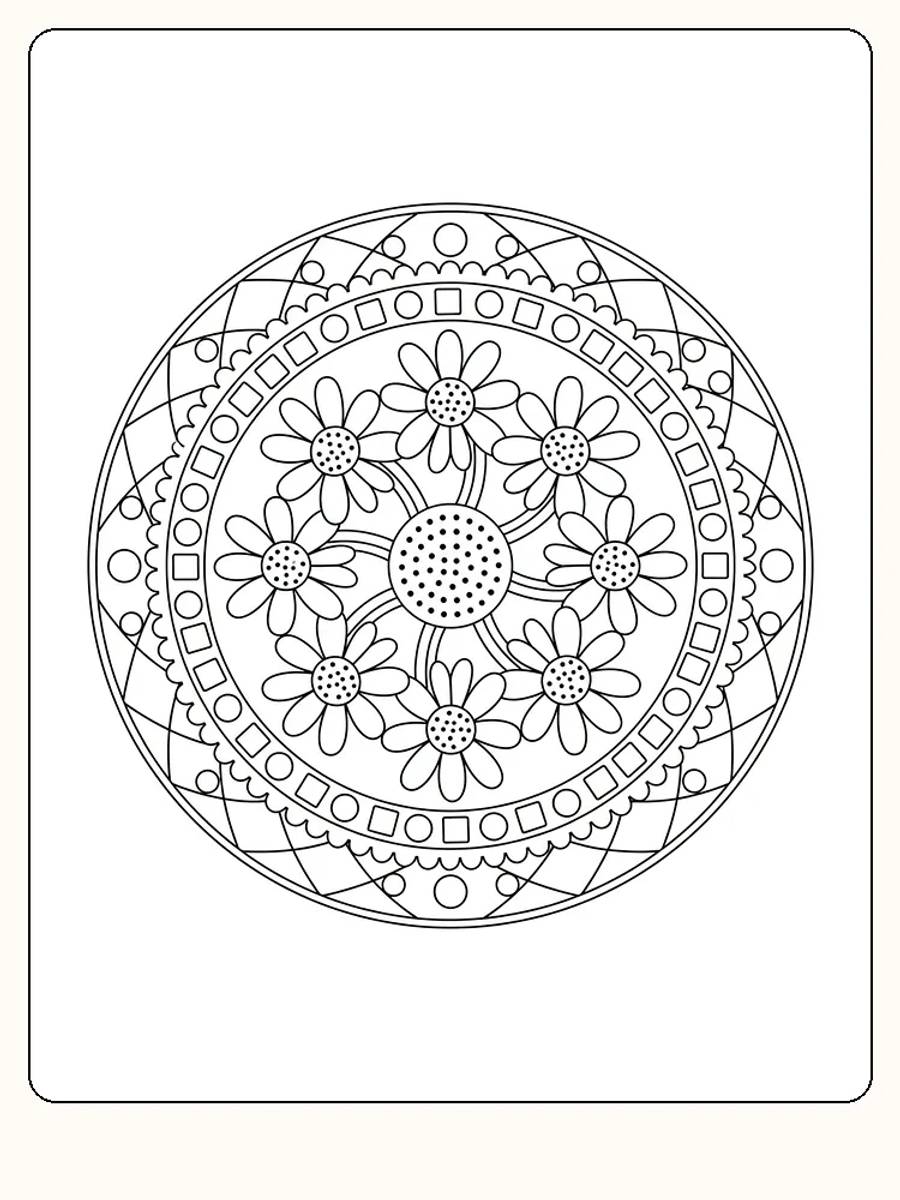 Ausmalbild einer Mandala, dekoriert mit Blumen, bereit zum Ausdrucken.