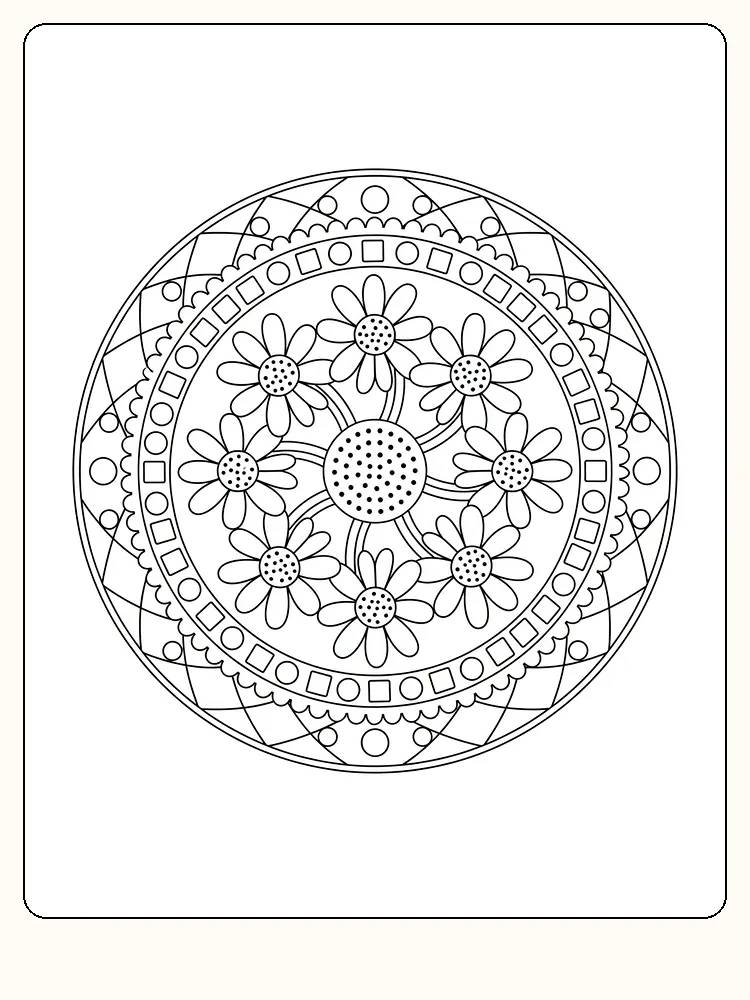 Ausmalbild einer Mandala, dekoriert mit Blumen, bereit zum Ausdrucken.
