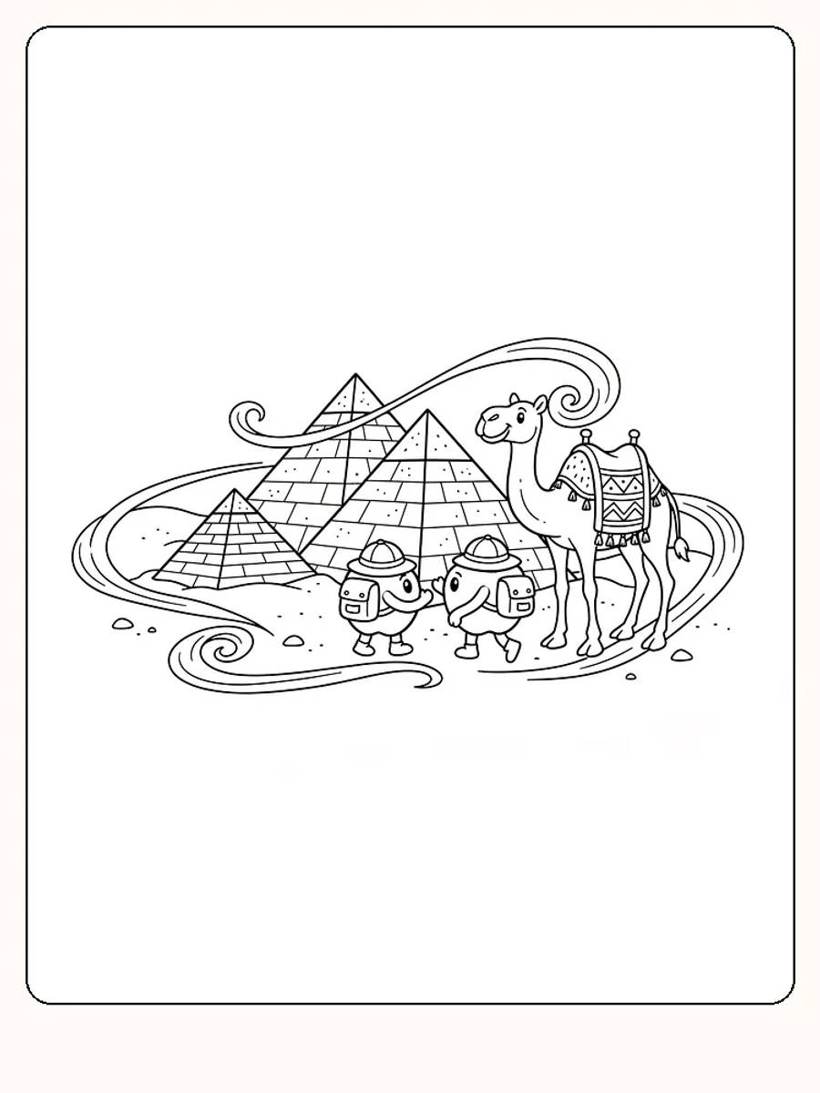 Tegning til farvelægning af pyramider, en kamel og to små eventyrere i ørkenen, klar til print